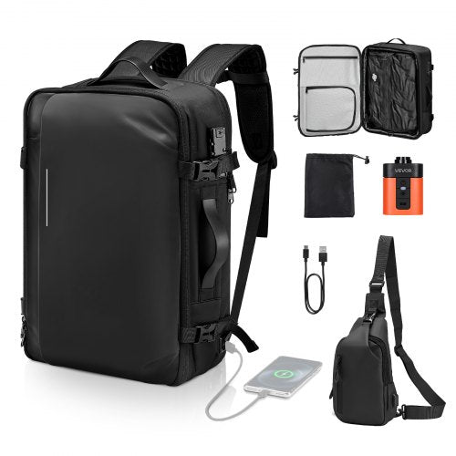 Vacuum Travel Backpack, 65L, Expandable Vacuum Seal Compression Travel Backpack with Pump, with TSA-Approved Lock, Airback Vacpack, Water-Resistant Carry-On Suitcase Luggage, for Business, Black