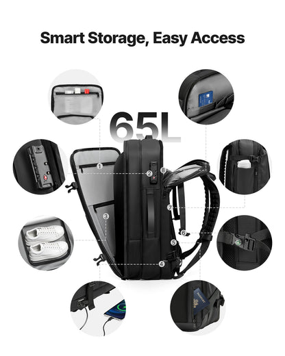 Vacuum Travel Backpack, 65L, Expandable Vacuum Seal Compression Travel Backpack with Pump, with TSA-Approved Lock, Airback Vacpack, Water-Resistant Carry-On Suitcase Luggage, for Business, Black