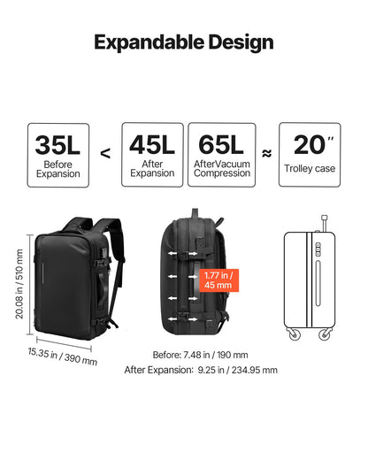 Vacuum Travel Backpack, 65L, Expandable Vacuum Seal Compression Travel Backpack with Pump, with TSA-Approved Lock, Airback Vacpack, Water-Resistant Carry-On Suitcase Luggage, for Business, Black