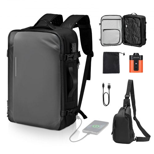 Vacuum Travel Backpack, 65L, Expandable Vacuum Seal Compression Travel Backpack with Pump, with TSA-Approved Lock, Airback Vacpack, Water-Resistant Carry-On Suitcase Luggage, for Business, Gray