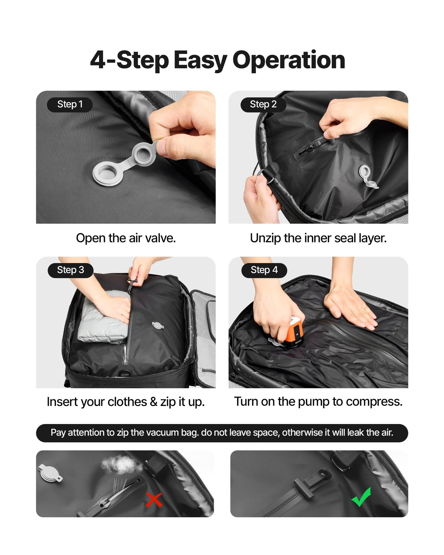 Vacuum Travel Backpack, 80L, Expandable Vacuum Seal Compression Travel Backpack with Pump, with TSA-Approved Lock, Airback Vacpack, Water-Resistant Carry-On Suitcase Luggage, for Business, Black