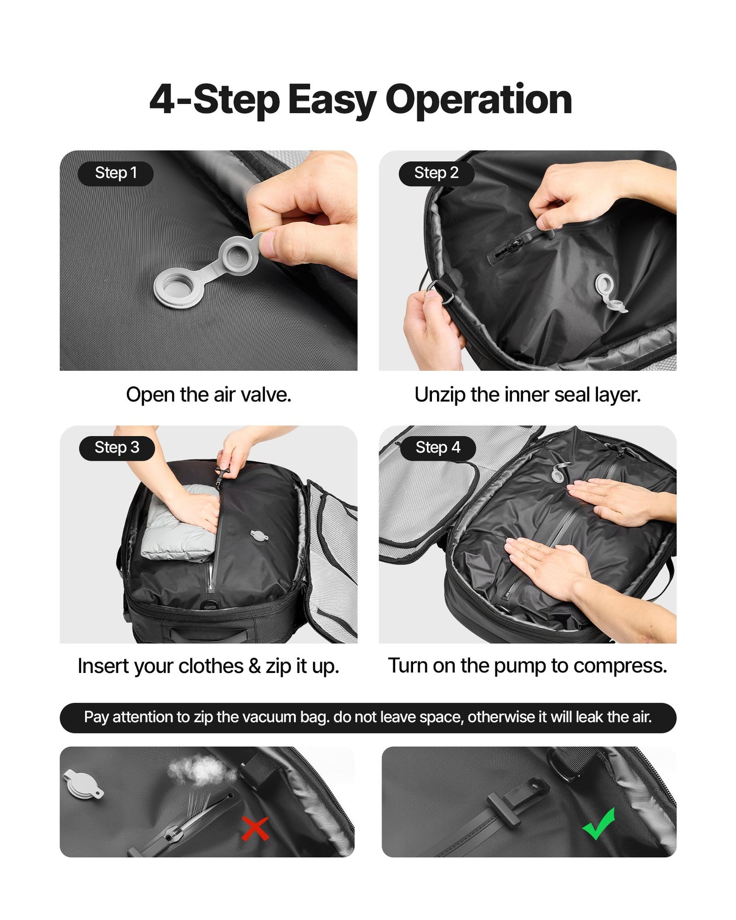 Vacuum Travel Backpack, 65L, Expandable Vacuum Seal Compression Travel Backpack, with TSA-Approved Lock, Multiple Pockets Compartments, Water-Resistant Carry-On Suitcase Luggage, No Pump, Black