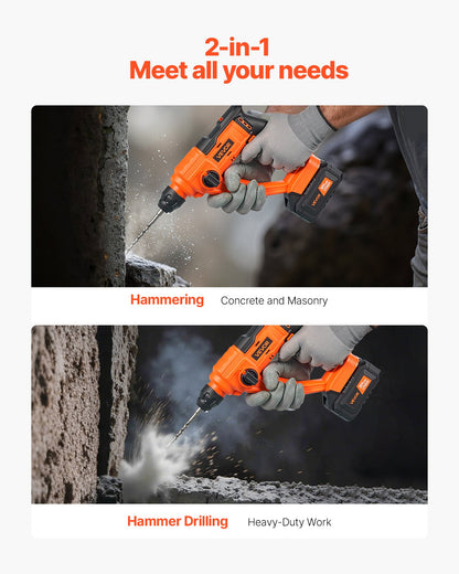 20V Cordless Hammer Drill, Lithium-Ion 0.6 Inch Rotary Hammer Driver, SDS-Plus Electric Lightweight Power Tool Kit with Battery and Charger, 2 Functions, 1000 RPM, 5100 BPM