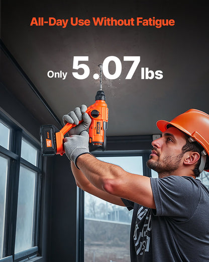 20V Cordless Hammer Drill, Lithium-Ion 0.6 Inch Rotary Hammer Driver, SDS-Plus Electric Lightweight Power Tool Kit with Battery and Charger, 2 Functions, 1000 RPM, 5100 BPM