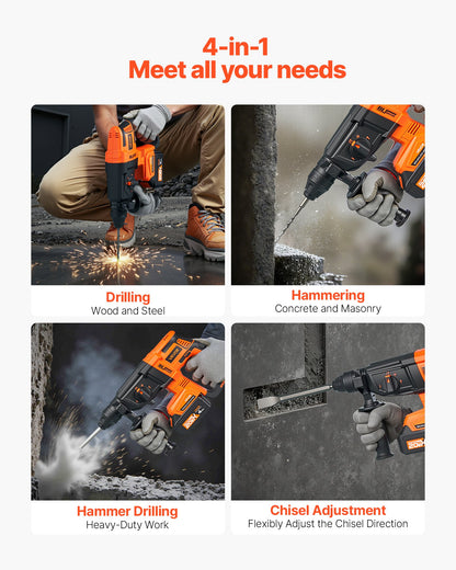 20V Brushless Cordless Hammer Drill, Lithium-Ion 1 Inch Rotary Hammer Driver, SDS-Plus Electric Lightweight Power Tool Kit with Battery and Charger, 4 Functions, 1200 RPM, 5300 BPM