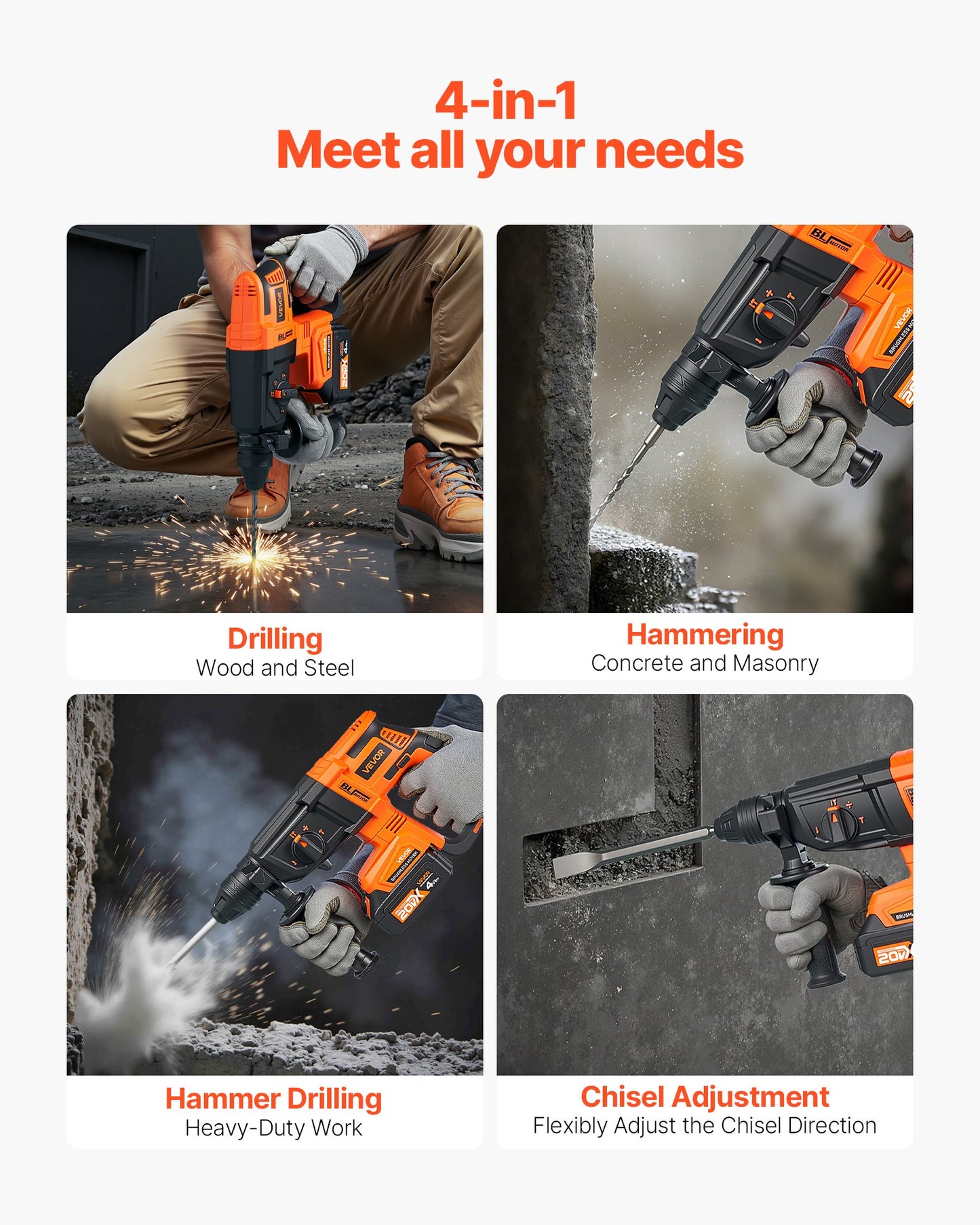 20V Brushless Cordless Hammer Drill, Lithium-Ion 1.1 Inch Rotary Hammer Driver, SDS-Plus Electric Lightweight Power Tool Kit with Battery and Charger, 4 Functions, 1200 RPM, 5300 BPM