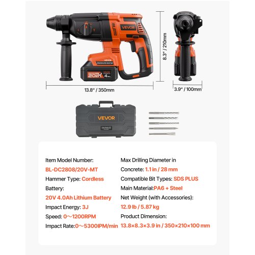 20V SDS-Plus Brushless Cordless Hammer Drill Kit 1200 RPM 4 Functions