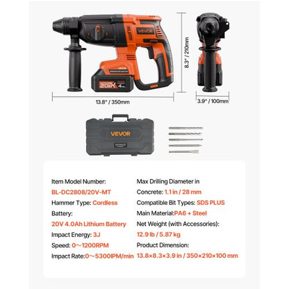 20V SDS-Plus Brushless Cordless Hammer Drill Kit 1200 RPM 4 Functions