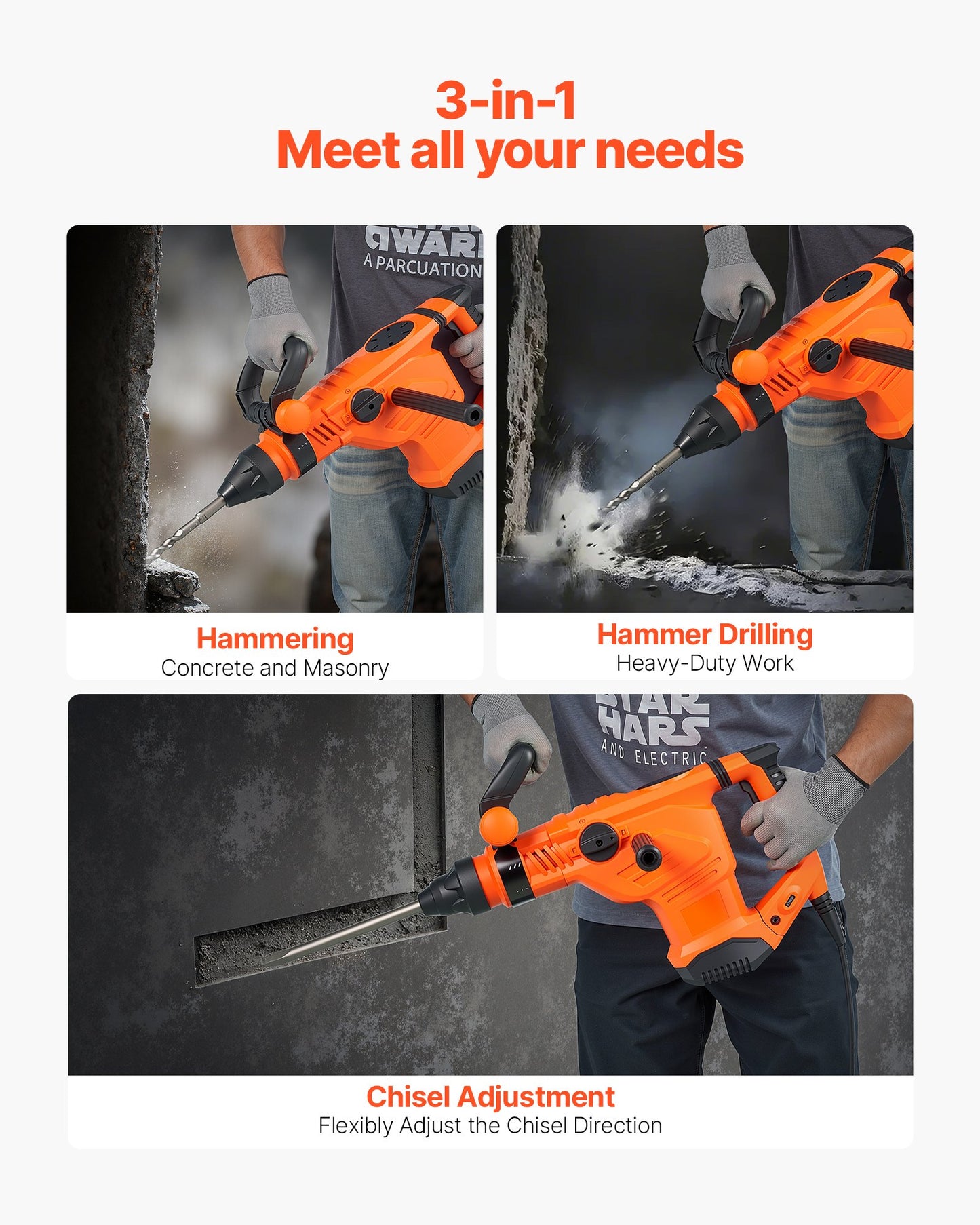 Corded Hammer Drill, 1600W 175-350RPM Electric Demolition Drills, 2-Inch SDS-Max Rotary Hammer Driver, 3 Functions Chipping Power Tool Kit for Concrete, Drilling Wood Plastic