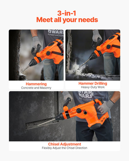 Corded Hammer Drill, 1600W 175-350RPM Electric Demolition Drills, 2-Inch SDS-Max Rotary Hammer Driver, 3 Functions Chipping Power Tool Kit for Concrete, Drilling Wood Plastic