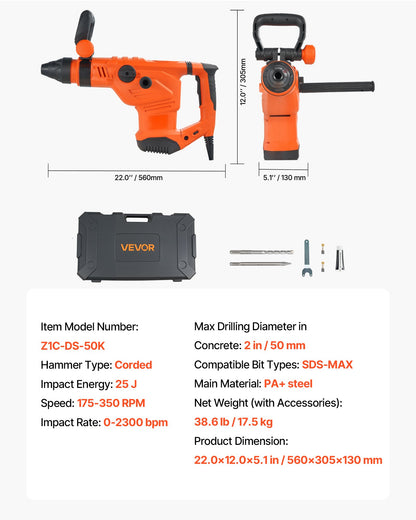 Corded Hammer Drill, 1600W 175-350RPM Electric Demolition Drills, 2-Inch SDS-Max Rotary Hammer Driver, 3 Functions Chipping Power Tool Kit for Concrete, Drilling Wood Plastic