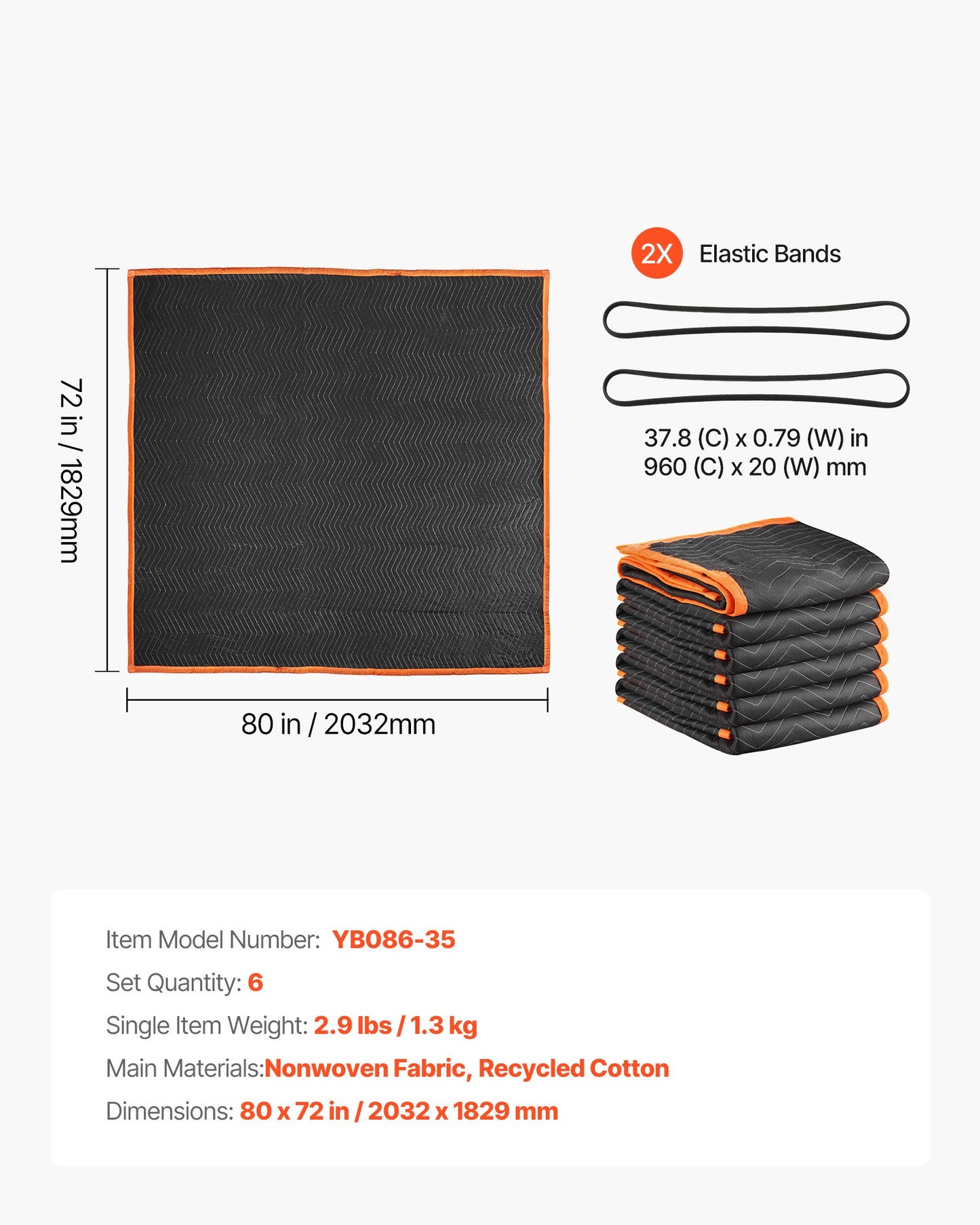 Moving Blankets 6 Pcs, 80 x 72 in (35 lbs/dz) Large Packing Blankets with Cotton Filling, Heavy Duty Nonwoven Fabric Padded Moving Blanket for Shipping, Wrapping, Protecting Furniture