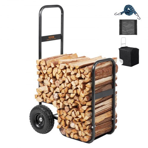Firewood Log Cart, 250 lbs Capacity, Outdoor and Indoor Wood Rack Storage Mover with PU Wheels & Waterproof Cloth, Heavy Duty Steel Dolly Hauler, Firewood Carrier for Fireplace, Fire Pit, Black