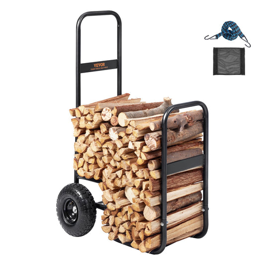 Firewood cart, 113.4 kg load capacity, storage machine for firewood racks outdoors and indoors with pneumatic rubber wheels, heavy-duty steel cart, firewood carrier for fireplace, fire pit, black
