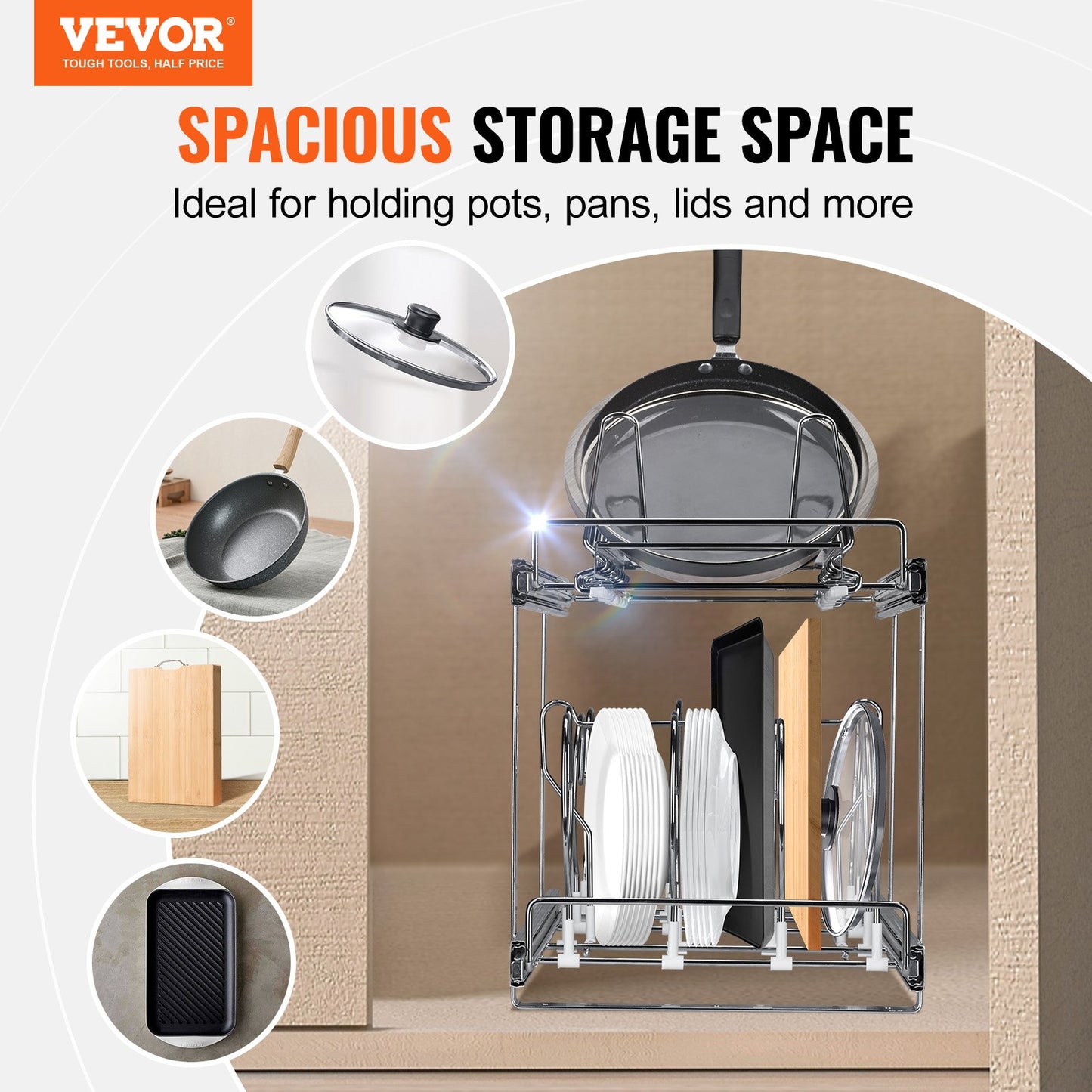 Teller- und Topfregal, 2-stöckig, ausziehbar, Unterschrank-Organizer, Backblechregale für Backbleche, verstellbare Drahtteiler, Deckelhalter aus Stahl für Küchenschrank und Vorratskammer, 30,5 cm breit