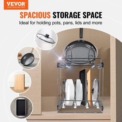 Teller- und Topfregal, 2-stöckig, ausziehbar, Unterschrank-Organizer, Backblechregale für Backbleche, verstellbare Drahtteiler, Deckelhalter aus Stahl für Küchenschrank und Vorratskammer, 30,5 cm breit