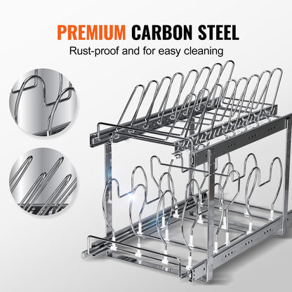 Teller- und Topfregal, 2-stöckig, ausziehbar, Unterschrank-Organizer, Backblechregale für Backbleche, verstellbare Drahtteiler, Deckelhalter aus Stahl für Küchenschrank und Vorratskammer, 30,5 cm breit