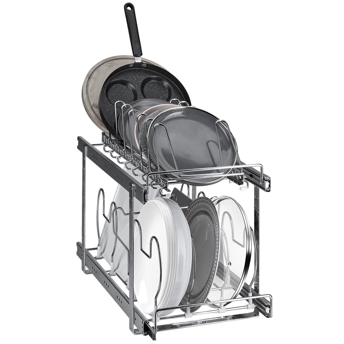 Teller- und Topfregal, 2-stöckig, ausziehbar, Unterschrank-Organizer, Backblechregale für Backbleche, verstellbare Drahtteiler, Deckelhalter aus Stahl für Küchenschrank und Vorratskammer, 30,5 cm breit