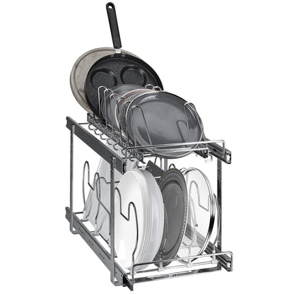 Teller- und Topfregal, 2-stöckig, ausziehbar, Unterschrank-Organizer, Backblechregale für Backbleche, verstellbare Drahtteiler, Deckelhalter aus Stahl für Küchenschrank und Vorratskammer, 30,5 cm breit