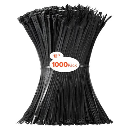 1000 Pack Cable Zip Ties, 12-inch Heavy Duty Cable Wire Ties with 50LBS High Tensile Strength, Multi-Purpose Self-Locking Nylon Tie Wraps, Heat & Cold Resistant for Indoor and Outdoor Use