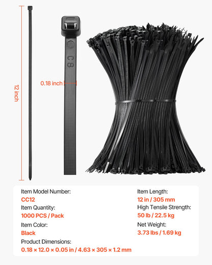 1000 Pack Cable Zip Ties, 12-inch Heavy Duty Cable Wire Ties with 50LBS High Tensile Strength, Multi-Purpose Self-Locking Nylon Tie Wraps, Heat & Cold Resistant for Indoor and Outdoor Use