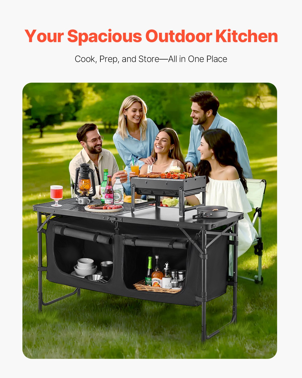 Camping Kitchen Table Foldable Portable Adjustable Cooking Station Storage