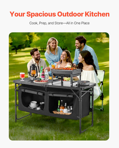 Camping Kitchen Table Foldable Portable Adjustable Cooking Station Storage