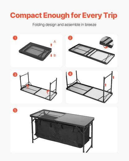 Camping Kitchen Table Foldable Portable Adjustable Cooking Station Storage