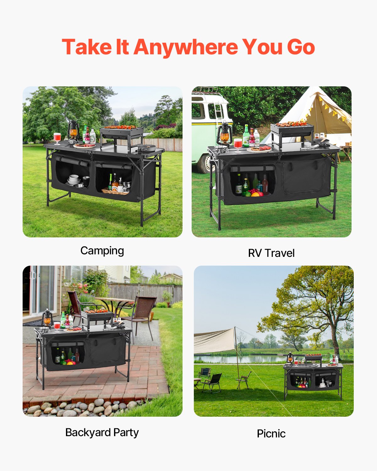 Camping Kitchen Table Foldable Portable Adjustable Cooking Station Storage