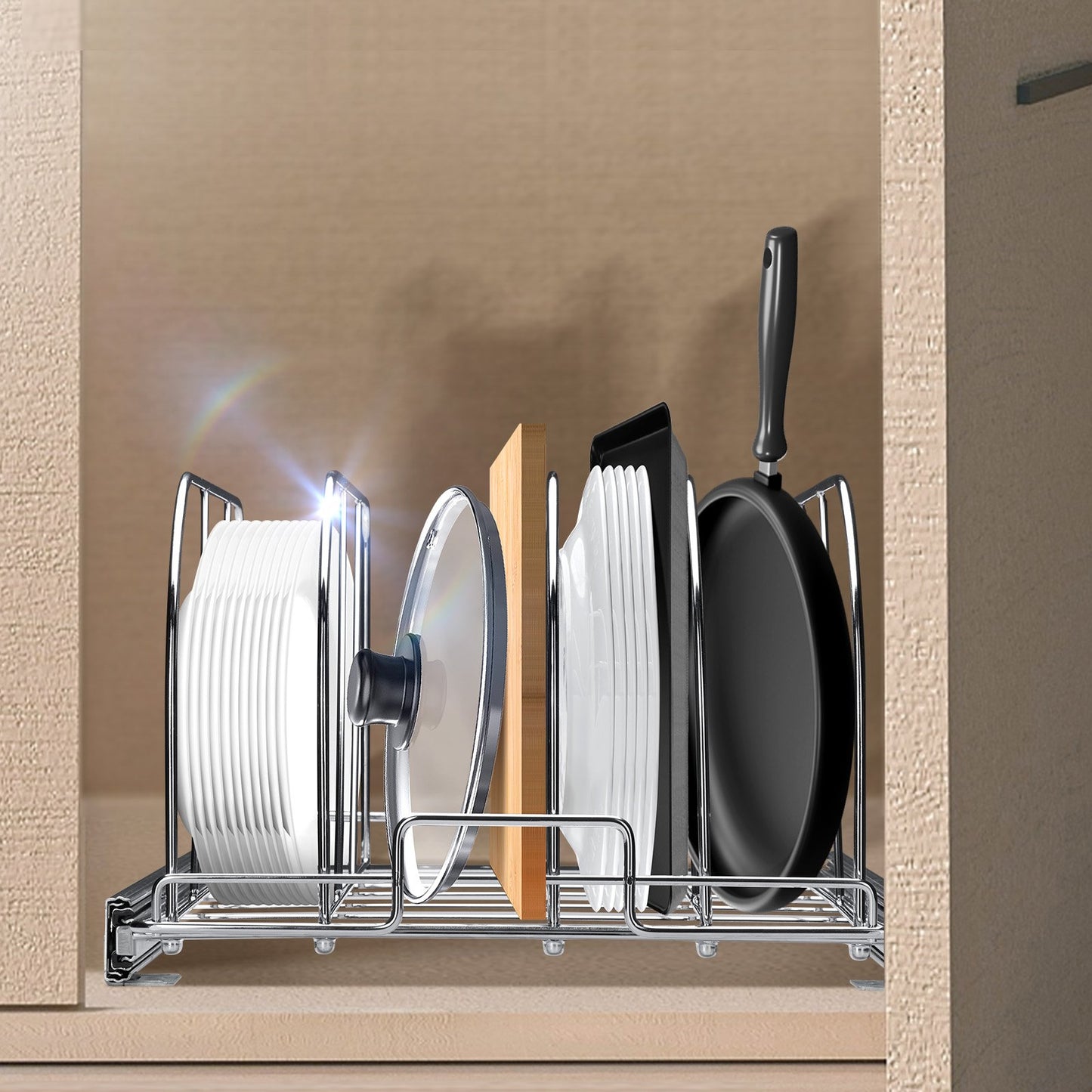 Pan and Pot Rack, Expandable Pull Out Under Cabinet Organizer, Cookie Sheet Baking Pans tray Organization, Adjustable Wire Dividers, Steel Lid Holder for Kitchen Cabinet & Pantry Storage, 12.5"W