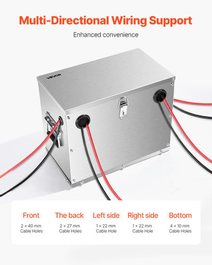 Battery Box, Group 24/31 Trolling Motor Battery Box, Marine Batteries Case with Lock, Handles and Rubber-Grommet Cable Holes, Stainless Steel Shell, Suitable for Cars, Boats & Trolling Motors