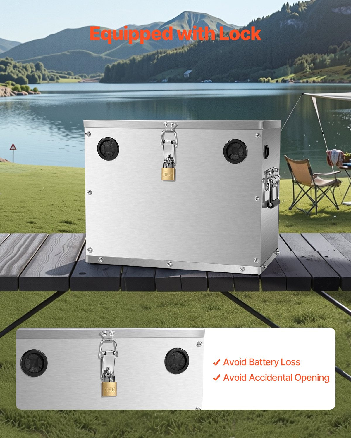 Battery Box, Group 24/31 Trolling Motor Battery Box, Marine Batteries Case with Lock, Handles and Rubber-Grommet Cable Holes, Stainless Steel Shell, Suitable for Cars, Boats & Trolling Motors