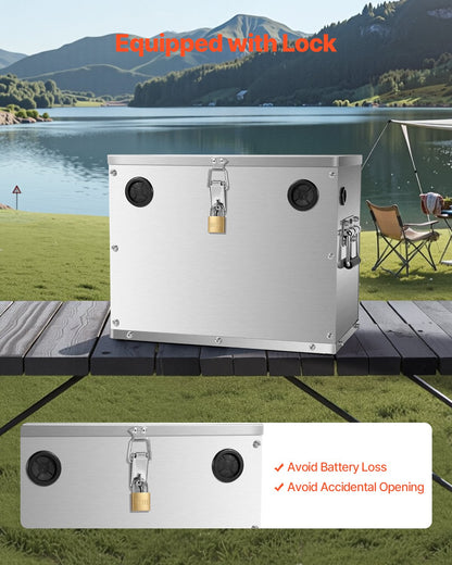Battery Box, Group 24/31 Trolling Motor Battery Box, Marine Batteries Case with Lock, Handles and Rubber-Grommet Cable Holes, Stainless Steel Shell, Suitable for Cars, Boats & Trolling Motors