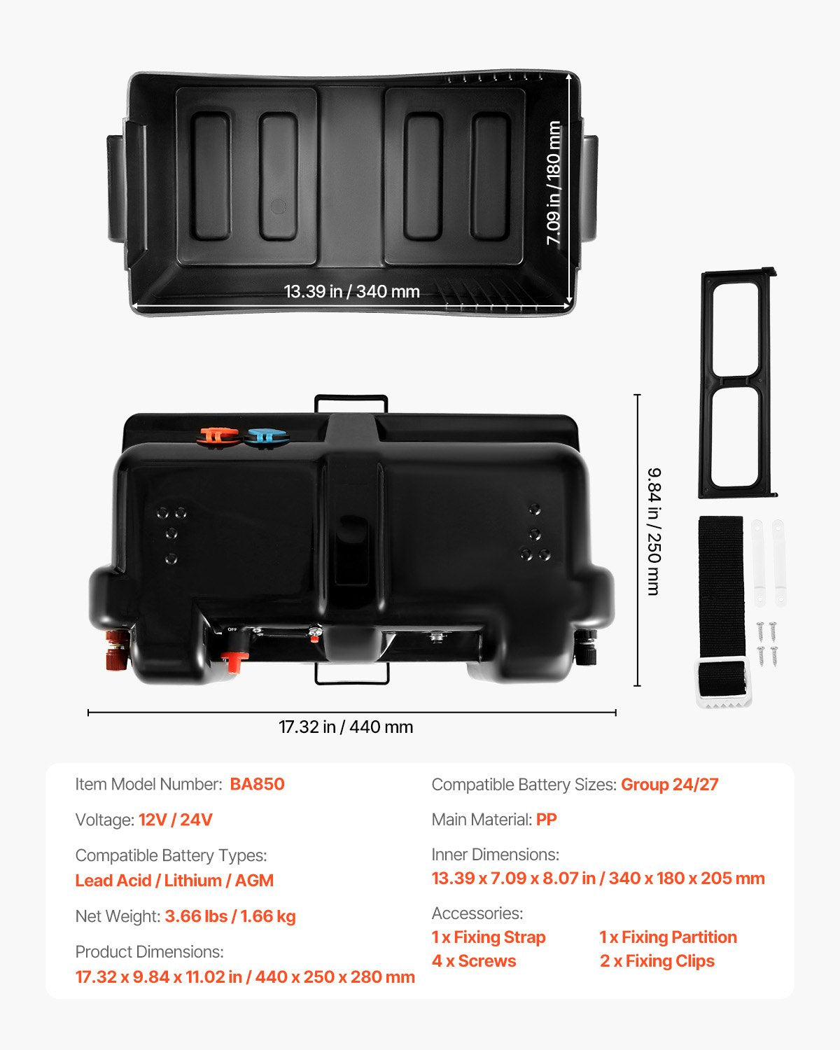 Battery Box, Group 24/27 Trolling Motor Battery Box, 12V/24V Marine Batteries Case with PP Shell and Dual Straps, Smart Batteries Case, Suitable for Trolling Motor, Marine,RV & Solar Panel