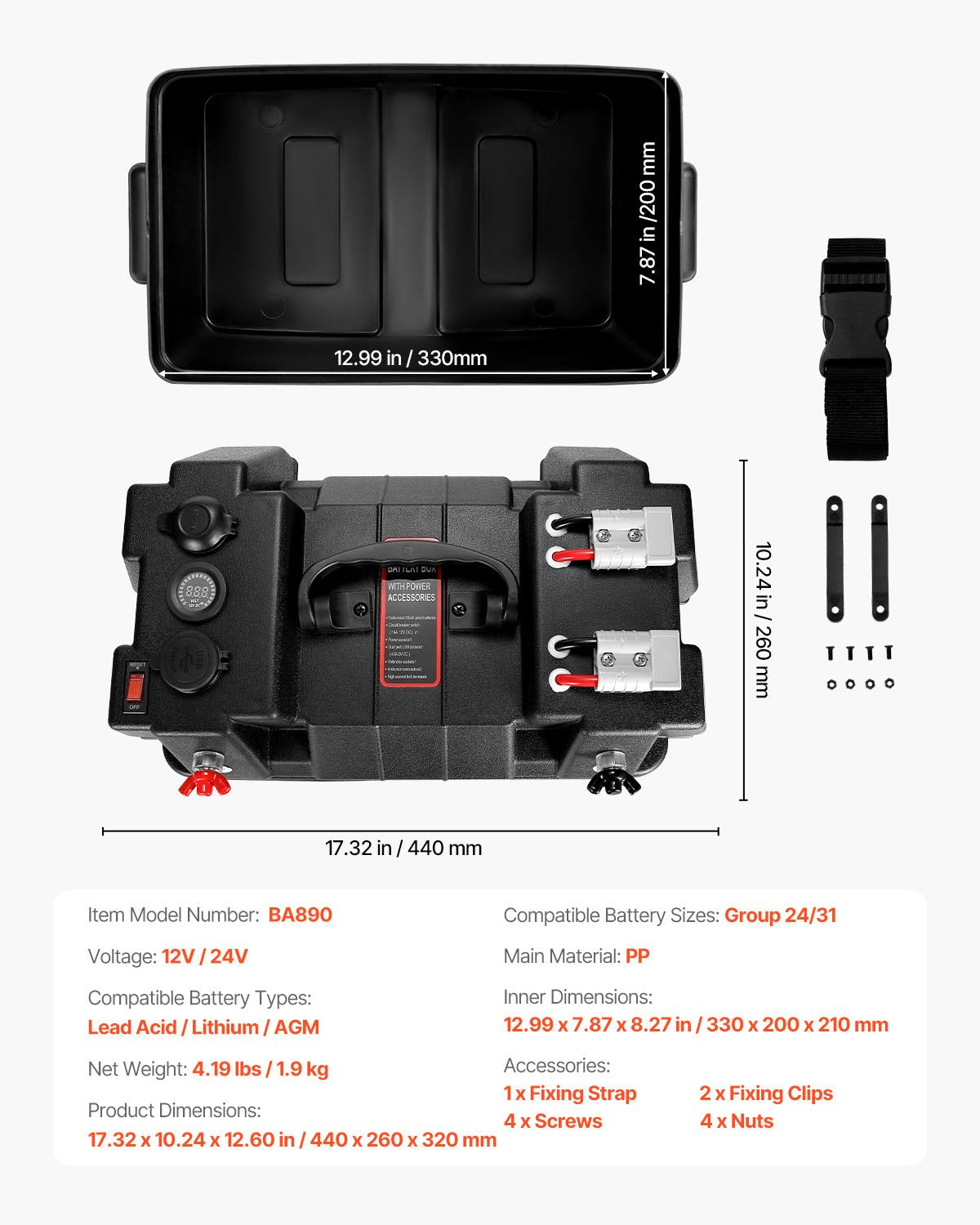 Battery Box, Group 24/31 Trolling Motor Battery Box, 12V/24V Marine Batteries Case with PP Shell and Dual Straps, Smart Batteries Case, Suitable for Trolling Motor, Marine,RV & Solar Panel