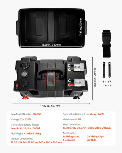 Battery Box, Group 24/31 Trolling Motor Battery Box, 12V/24V Marine Batteries Case with PP Shell and Dual Straps, Smart Batteries Case, Suitable for Trolling Motor, Marine,RV & Solar Panel