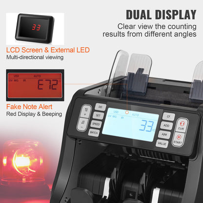 Money Counter Machine, Bill Counter with UV, MG, IR and DD Counterfeit Detection, USD & EUR Cash Counting Machine with Add and Batch Modes, Large LCD & External Display