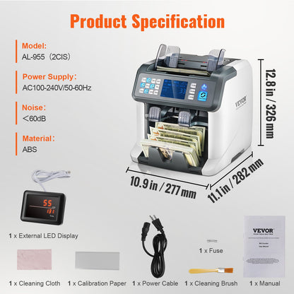 Money Counter Machine, Bill Counter with Mixed Denomination, 2CIS, SN, UV, IR, MG, DD Counterfeit Detection, Multi Currency, Value Counting Cash Counter and Sorter, Printer Enabled