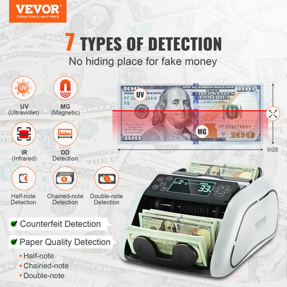 Money Counter Machine, Bill Counter with UV, MG, IR and DD Counterfeit Detection, USD & EUR Cash Counting Machine with Large LCD & External Display for Small Business