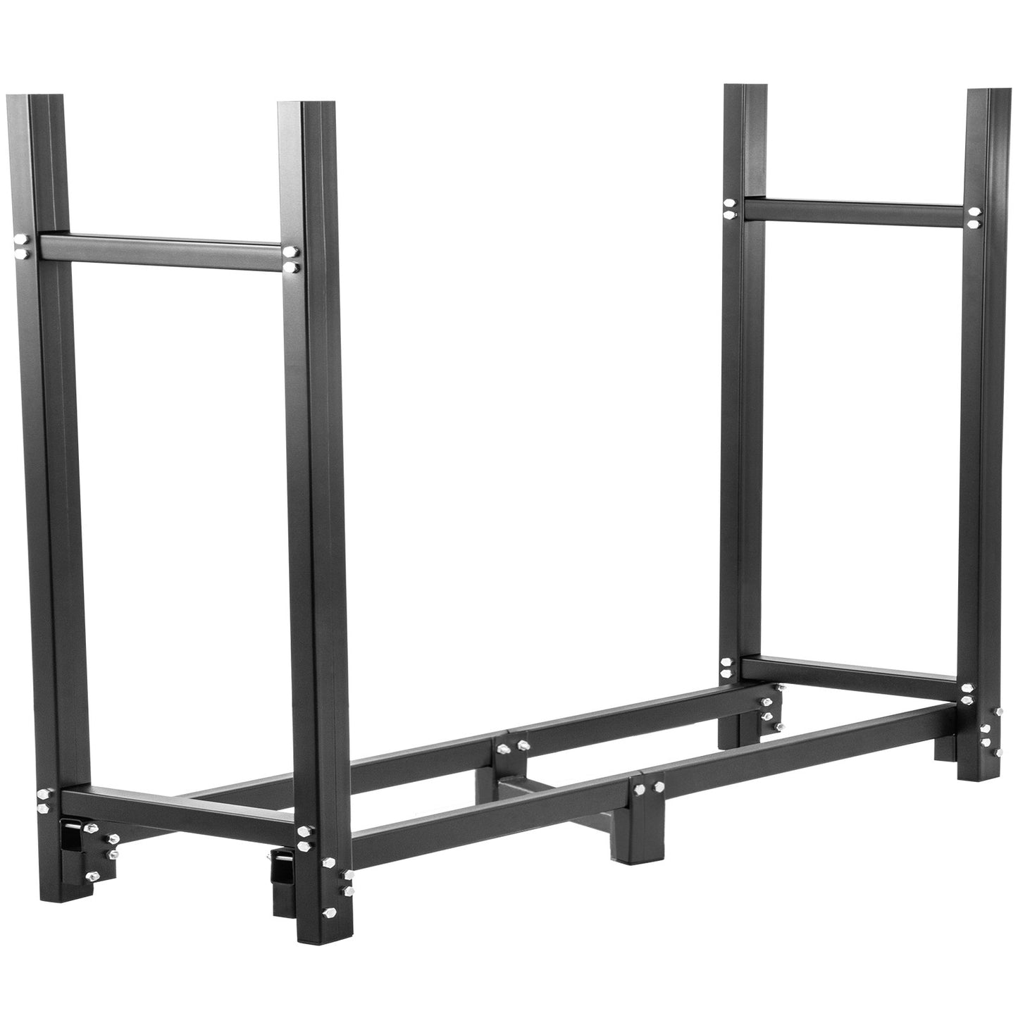 Firewood rack, 8 foot outdoor firewood rack, black firewood rack, steel firewood rack, steel firewood rack, 1300 pound load capacity firewood rack, firewood rack with lid and fireplace tool kit