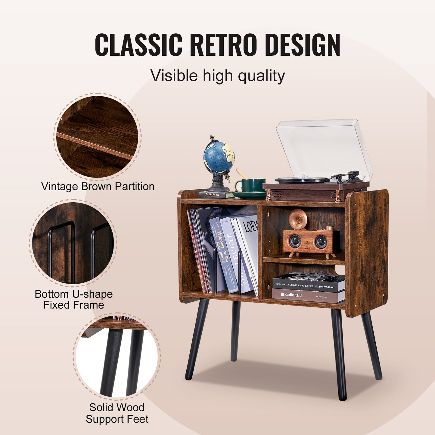 Record Player Stand, Turntable Stand Holds Up to 100 Albums, Vintage Vinyl Record Cabinet with Removable Shelves, Record Player Table with Adjustable Height for Living Room, Bedroom, Brown