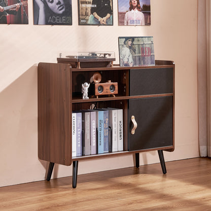 Record Player Stand with Power Outlet, Turntable Stand Holds Up to 350 Albums, Record Player Table with Vintage Vinyl Record Storage for Living Room, Bedroom, Brown
