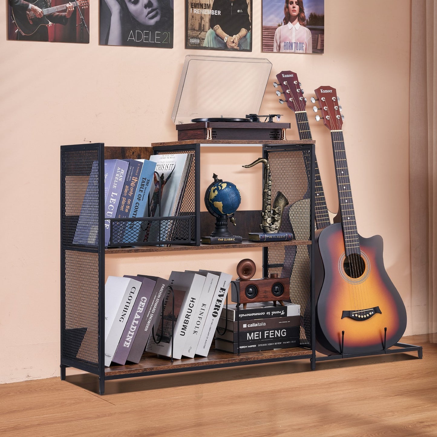 3-Tier Record Player Stand with Guitar Holder, Turntable Stand with Storage Holds Up to 300 Albums, Vinyl Record Cabinet with Metal Mesh Frame for Living Room, Bedroom, Black