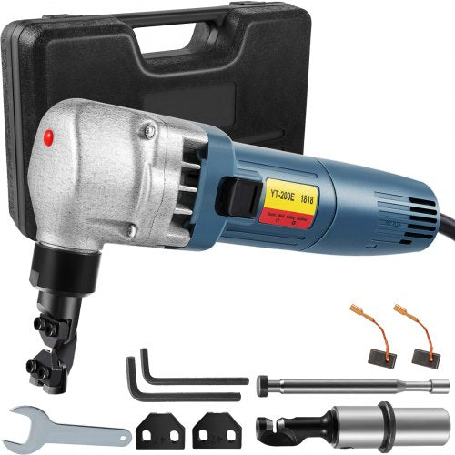 Electric Sheet Metal Cutter, 380W Power, 1800RPM Rotor Speed, 0.07in/1.8mm Cutting Capacity, Includes Replacement Blades and Storage Case, Ideal for Stainless Steel, Aluminium, Plastic