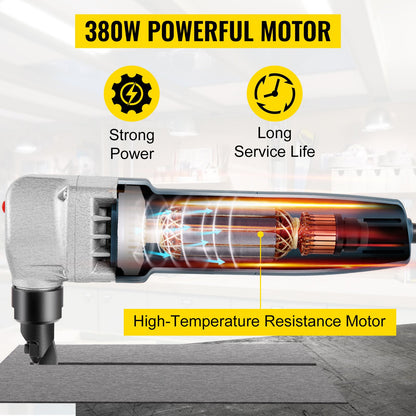 Electric Sheet Metal Cutter, 380W Power, 1800RPM Rotor Speed, 0.07in/1.8mm Cutting Capacity, Includes Replacement Blades and Storage Case, Ideal for Stainless Steel, Aluminium, Plastic
