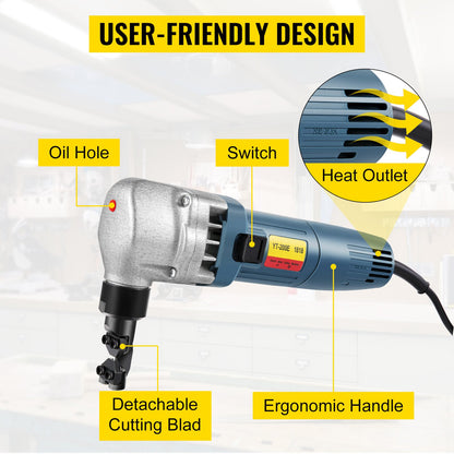 Electric Sheet Metal Cutter, 380W Power, 1800RPM Rotor Speed, 0.07in/1.8mm Cutting Capacity, Includes Replacement Blades and Storage Case, Ideal for Stainless Steel, Aluminium, Plastic