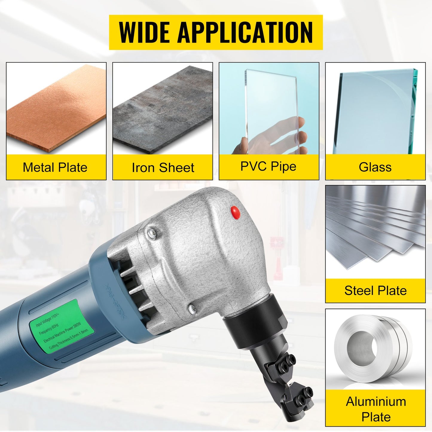 Electric Sheet Metal Cutter, 380W Power, 1800RPM Rotor Speed, 0.07in/1.8mm Cutting Capacity, Includes Replacement Blades and Storage Case, Ideal for Stainless Steel, Aluminium, Plastic