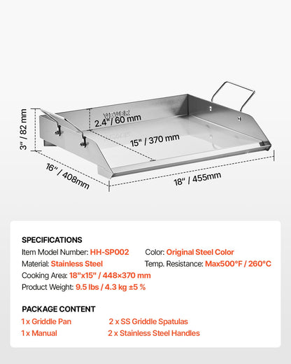 Stainless Steel Griddle, 18x16 inch Universal Flat Top Rectangular Plate, Gas Grill Griddle for BBQ Grill, Teppanyaki, Portable Family Cookware with Handle, for Camping Tailgating Party