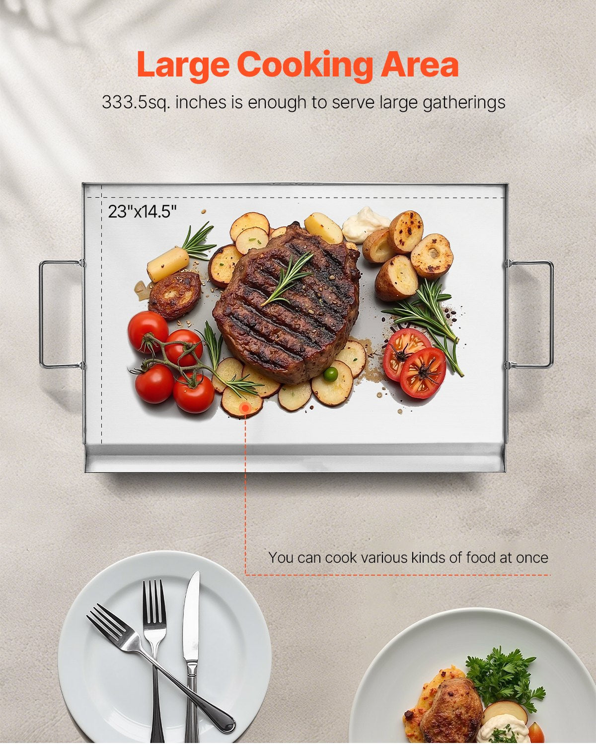 Stainless Steel Griddle, 23x16 inch Universal Flat Top Rectangular Plate, Gas Grill Griddle for BBQ Grill, Teppanyaki, Portable Family Cookware with Handle, for Camping Tailgating Party