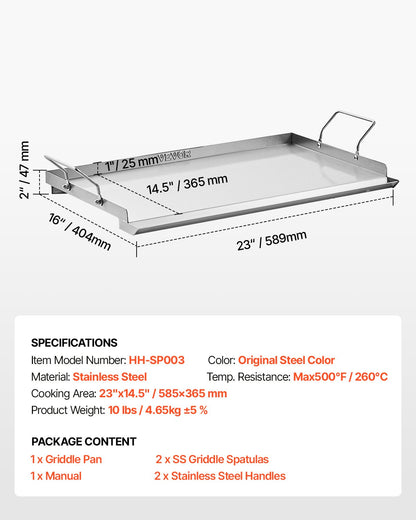 Stainless Steel Griddle, 23x16 inch Universal Flat Top Rectangular Plate, Gas Grill Griddle for BBQ Grill, Teppanyaki, Portable Family Cookware with Handle, for Camping Tailgating Party